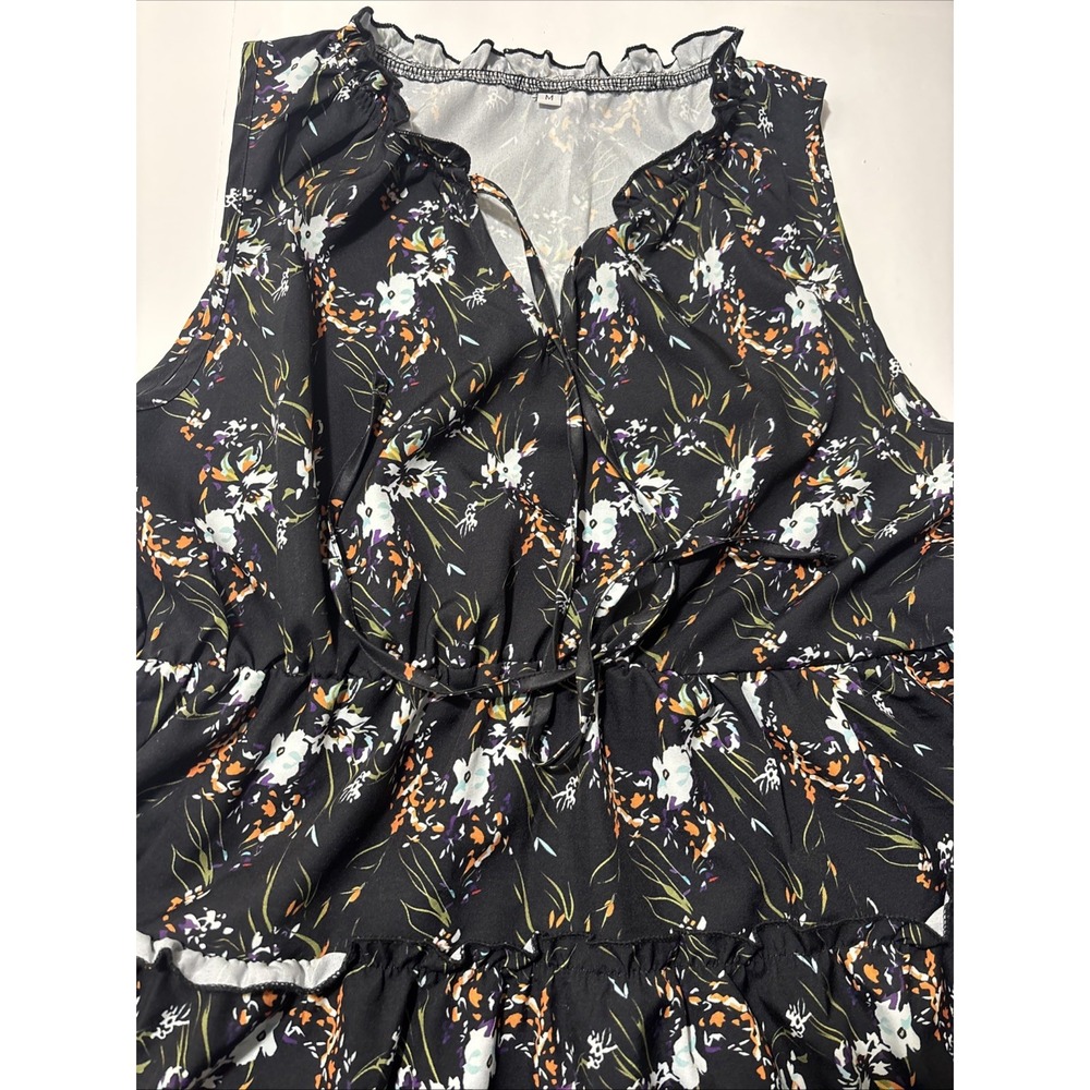 Black Floral Sleeveless Peplum‎ Blouse Tiered Ruffle Tie Neck Top Medium